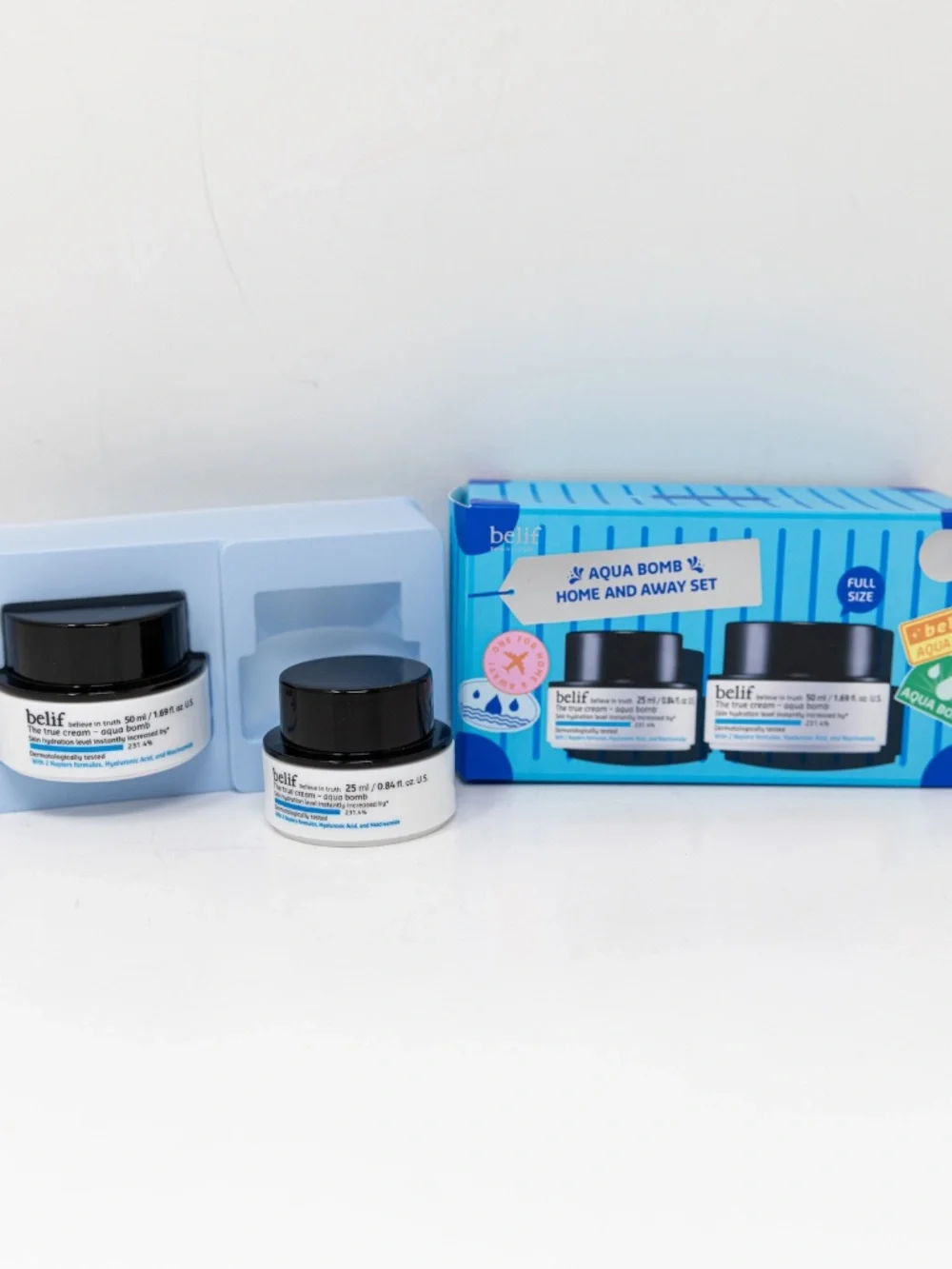 NEW Belif Aqua Bomb Home And Away Full Size Travel Lotion Gift Set 25 ml / 50 ml